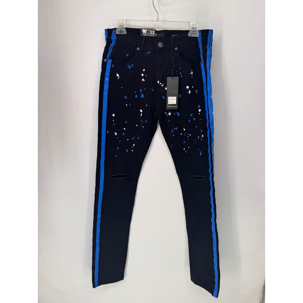 Waimea Jeans Mens 32 Black NWT Paint Splatter Blue Side Stripe Skinny Fit